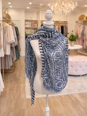 Talbots Silk Blend Scarf Blue White Lightweight Shawl Wrap NWT